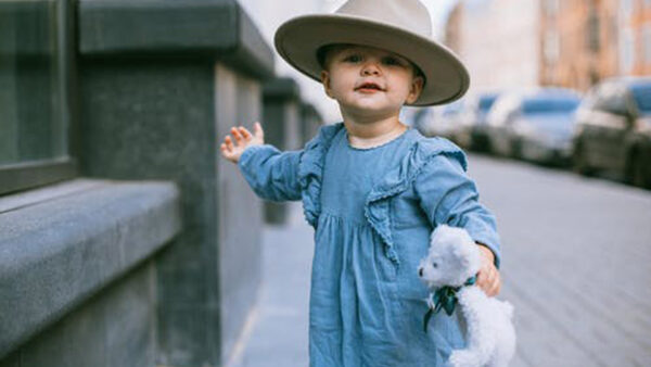 Wallpaper Blue, Big, Hat, Wearing, Background, Baby, Standing, Cute, Blur, Toy, Girl, Child, With, And, Dress