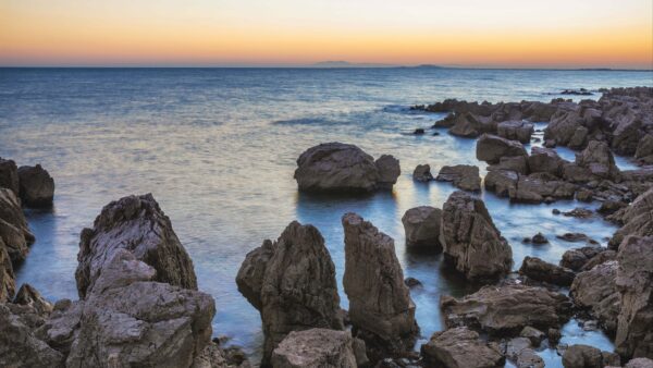Wallpaper Landscape, Desktop, Mountains, During, View, Stones, Sunset, Nature, Mobile, Rocks, Ocean