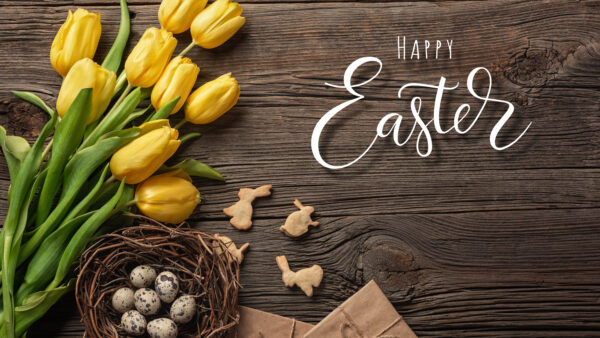 Wallpaper Mobile, Flowers, Desktop, Easter, Wood, Happy, Yellow, Moble, Basket, Tulip, Eggs, Table