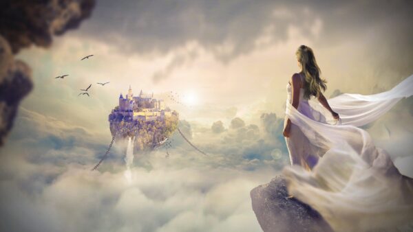 Wallpaper Girl, Waterfall, Fantasy, Castle, Floating, Clouds