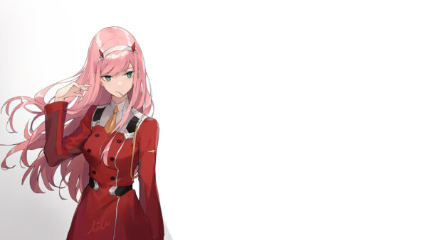 Wallpaper With, FranXX, Anime, Zero, Standing, Wearing, Red, Two, Hair, Hiro, Darling, Pink, Side, White, Dress, And, The, Desktop, Horn, Background