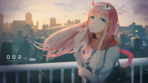 Wallpaper Desktop, Zero, Dress, With, Gray, Towers, Clouds, Building, FranXX, Background, Darling, Hiro, Two, Anime