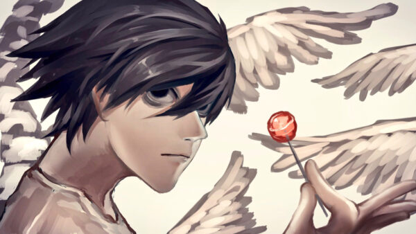 Wallpaper Anime, Note, With, Black, Death, Yagami, Wings, Having, And, Light, Hand, Lollipop, Hair, Backside, Eyes