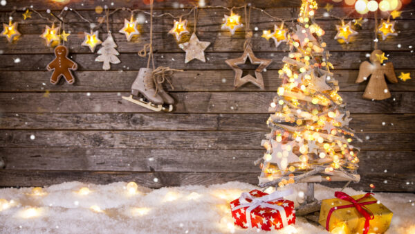 Wallpaper With, Snow, Boxes, Lightning, Background, Shoe, Wooden, Tree, Gift, Stars, Christmas, Board, Desktop