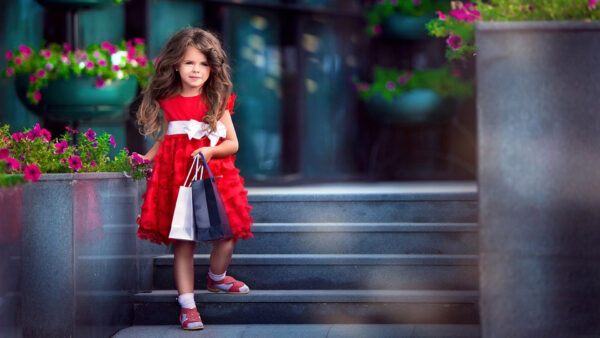 Wallpaper Girl, Desktop, Standing, Background, Red, Cute, Dress, Little, Dark, Flowers, Wearing, Pink, Steps