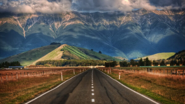 Wallpaper Scenery, Field, Sky, Covered, Between, Road, Mountains, Dry, Green, Grass, Nature, Clouds, Under, Landscape, View