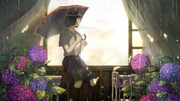 Wallpaper Colorful, Under, Umbrella, Girl, School, Anime, Uniform, Wearing, Flowers