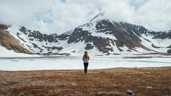 Wallpaper Dry, Background, Girl, Alone, Snow, Land, Covered, Mountains, Standing, Grass