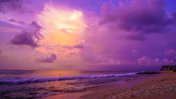 Wallpaper Under, Clouds, Blue, Beach, Sky, Purple, White, Waves, Ocean, Sand