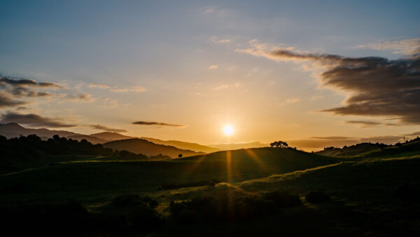 Wallpaper Dawn, Sunset, Mobile, Clouds, Hills, Mountains, Under, Desktop, Trees, Slope, Nature, Sky, During, White, Blue, Grass