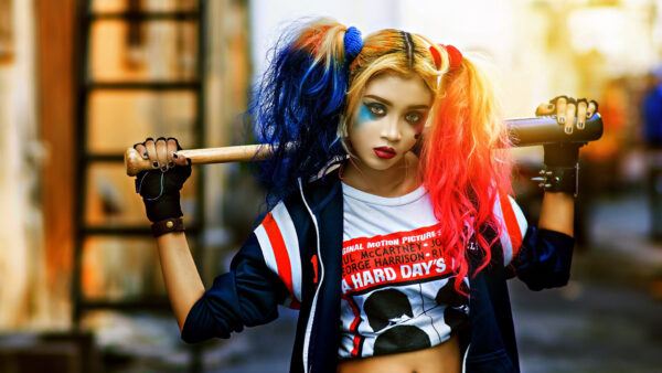 Wallpaper Hair, And, Blue, Harley, Halloween, Red, Girl, Wearing, With, Quinn, Costume, Blonde