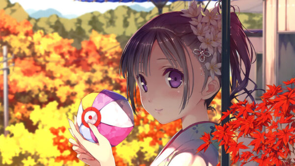 Wallpaper Purple, Eyes, Kawaii, Background, Ball, With, Plants, Girl, Yellow, Colorful