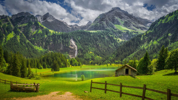 Wallpaper Mobile, Waterfall, Switzerland, Forest, Nature, Alps, Lake, Fence, Desktop