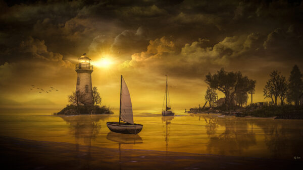 Wallpaper Lake, Between, Nature, Lighthouse, Desktop, Artistic, Fantasy