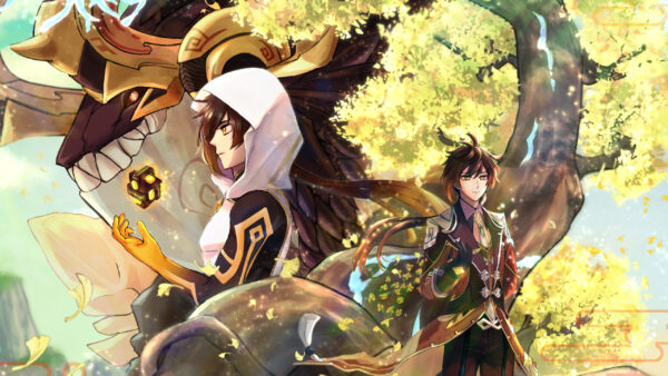 Wallpaper Genshin, Impact, Azhdaha, Zhongli