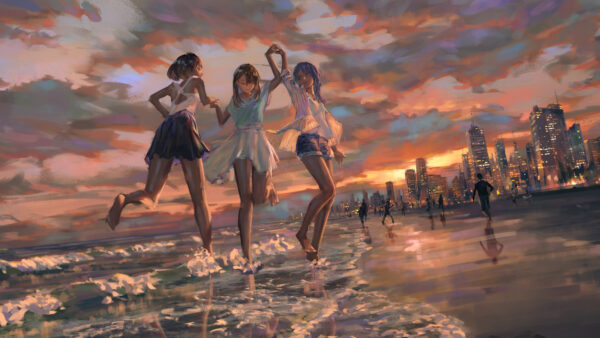 Wallpaper Waves, Friends, Anime, Beach, Three, Girl