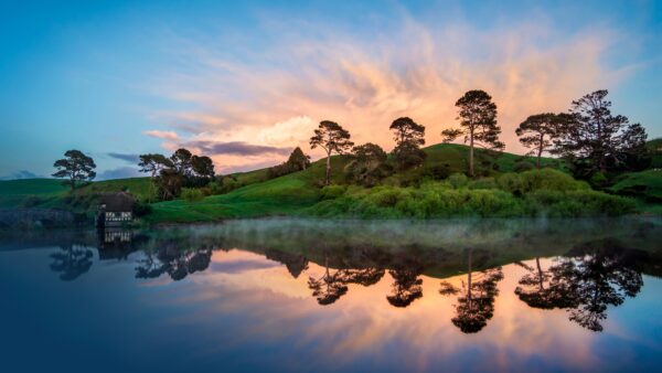 Wallpaper Blue, Grass, Mountains, Bushes, Trees, Clouds, Under, Green, Nature, Sky, River, Slope, White, Plants, Reflection, Desktop, Mobile