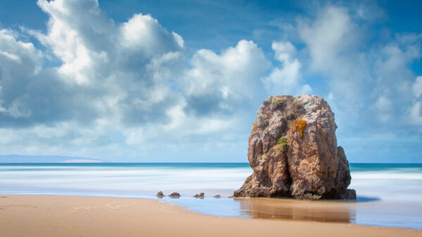 Wallpaper Under, Clouds, Stone, Blue, Nature, Ocean, Beach, Waves, Big, Rock, Sand, Sky