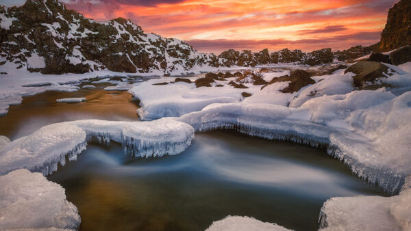 Wallpaper Snow, Winter, During, Sunset, With, River, Nature, Iceland