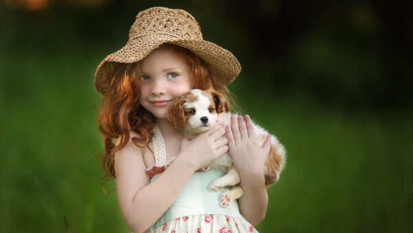 Wallpaper Cute, And, Green, Blur, Dog, Little, Hat, Background, Girl, Wearing, Puppy, Standing, Desktop, White, Dress, With