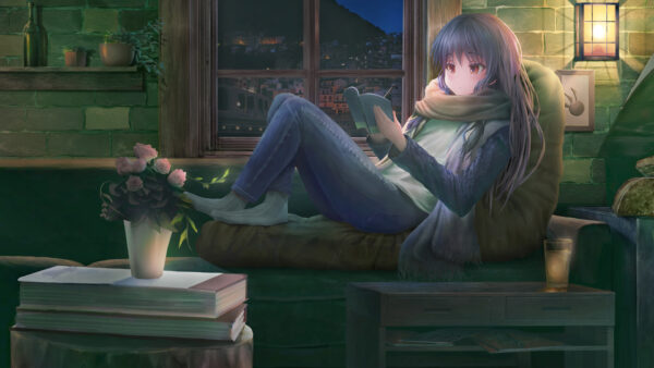 Wallpaper Lights, Window, Girl, Anime, With, Book