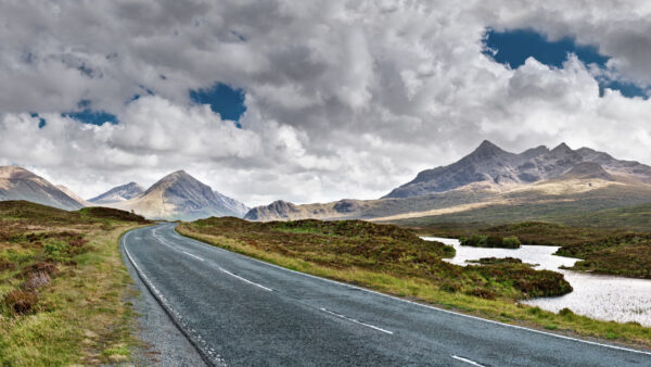 Wallpaper Clouds, Blue, Grass, Nature, View, Road, Green, Pudde, Sky, Between, White, Under, Landscape, Mountain, And