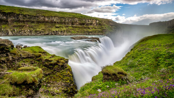 Wallpaper Clouds, Blue, Sky, Flowers, Under, Algae, Beautiful, Waterfalls, Rocks, White, Covered, Purple, Nature