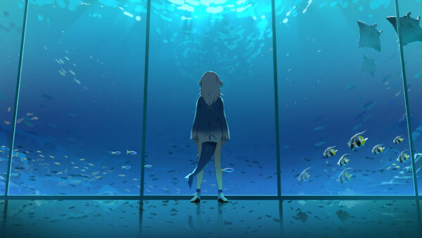 Wallpaper Glass, Underwater, Fishes, Anime, Girl