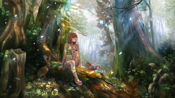 Wallpaper Girl, Rabbit, Squirrel, Trees, Forest, Background, Anime
