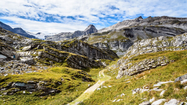 Wallpaper Stones, Blue, Road, White, Sky, Greenery, Rocks, Mountains, Nature, Clouds, Path