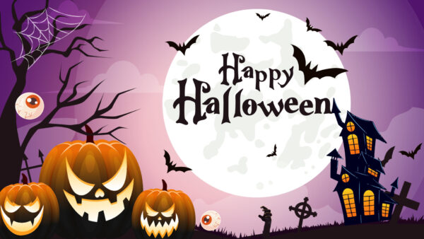 Wallpaper Moon, Background, Pumpkins, Happy, Halloween, House, Horror, Sky, Bats, Purple