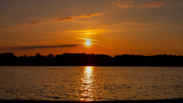Wallpaper Sky, Nature, Trees, Sunset, View, Landscape, During, Lake, Under, Blue