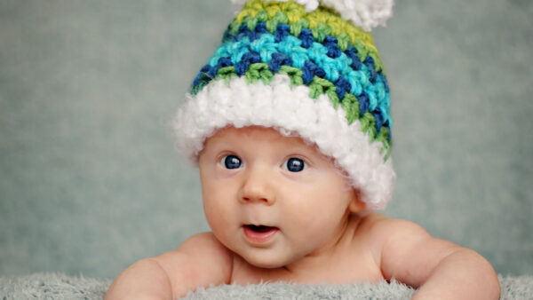 Wallpaper Colorful, Sitting, Toddler, Knitted, Cap, Grey, Couch, Fur, Woolen, Wearing, Baby, Cute