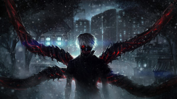 Wallpaper Ghoul, Wings, 5k, 4k, Night, Anime, Building, Tokyo