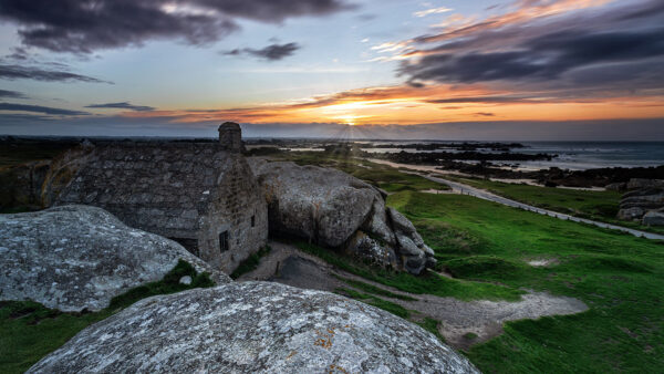 Wallpaper Rocks, Cloudy, Sunset, Desktop, Under, Blue, Nature, Beach, Sky, During, And, House, Between