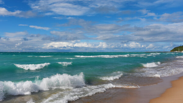 Wallpaper Mobile, Beautiful, Sky, Ocean, Sand, Under, Blue, Waves, White, Desktop, Clouds, Beach