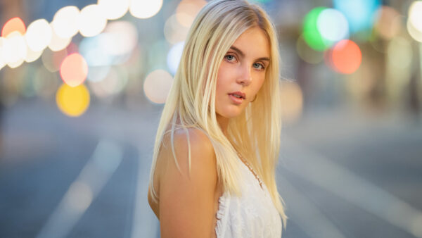 Wallpaper Bokeh, Blonde, Background, Standing, White, Blue, Model, Wearing, Beautiful, Girl, Dress, Girls, Lights, Eyes