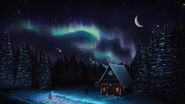 Wallpaper Aurora, Sky, Trees, Minimalist, Christmas