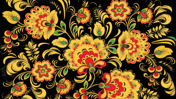 Wallpaper Background, Illustration, Yellow, Red, Green, Black, Floral