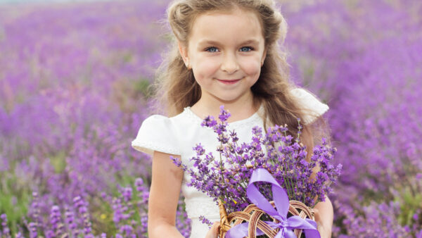 Wallpaper Cute, Lavender, Dress, With, Flowers, Wearing, White, Smiling, Basket, Blur, Background, Little, Field, Standing, Girl, Purple