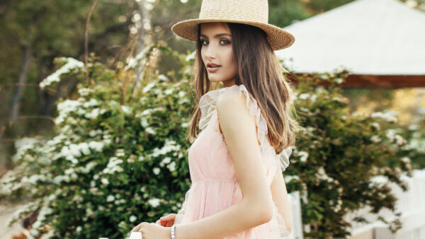 Wallpaper Leaves, Background, Pink, Standing, White, Plant, Wearing, Hat, Green, Flowers, Light, Girl, Girls, Dress, Model, And