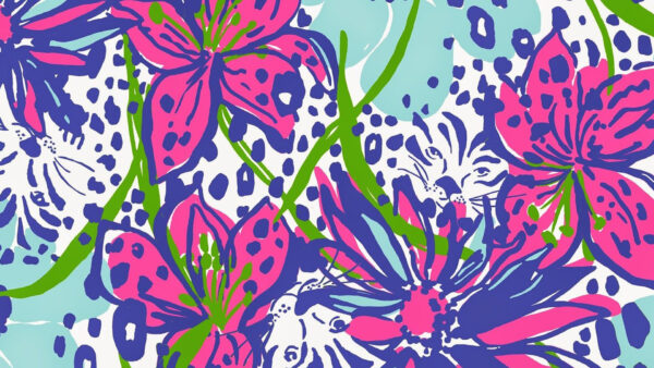 Wallpaper Preppy, Pink, Tiger, Face, Art, Blue, Flowers