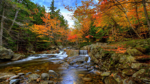 Wallpaper Beautiful, Colorful, White, Under, Sky, Trees, Clouds, Stones, Autumn, Stream, Scenery, Waterfalls, Fall, Blue, Rocks