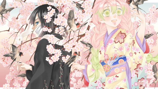 Wallpaper Birds, Desktop, Around, Slayer, Obanai, Anime, Iguro, And, Mitsuri, Snake, Kanroji, Flowers, Demon