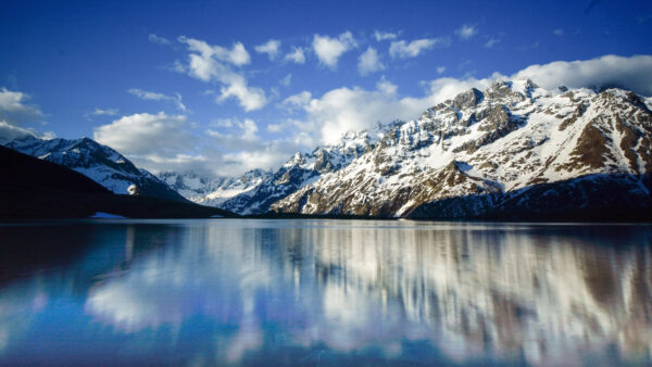 Wallpaper Lake, With, Mountain, Covered, Blue, Cloudy, Sky, Winter, Under, Snow, Desktop, Reflection, Mobile