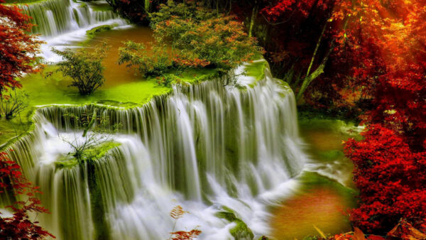 Wallpaper Autumn, Waterfalls, Desktop, Nature, Greenery, Surrounded, Stream, Trees, Colorful, View, Angle, Top