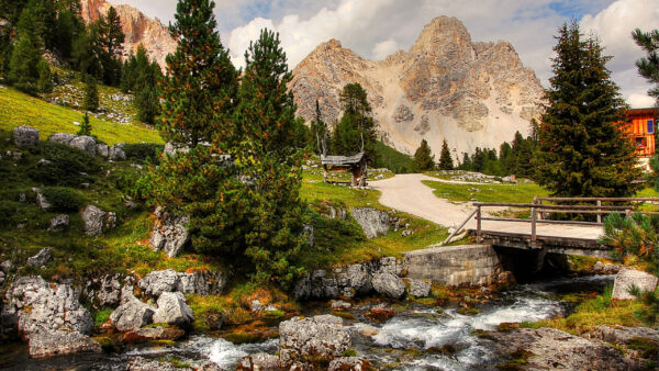 Wallpaper Landscape, With, View, Bridge, And, Stones, Nature, Between, Mountains, Wooden, River