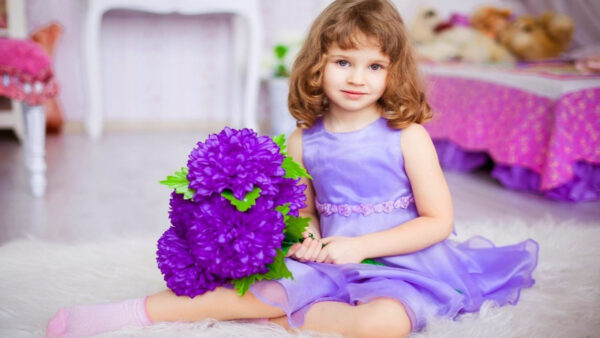 Wallpaper Wearing, Purple, Cute, Sitting, Floor, Beautiful, Little, Dress, Girl