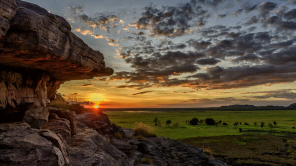 Wallpaper Green, Black, Sky, Grass, Rock, Land, Under, Covered, Nature, Stone, Cloudy, And