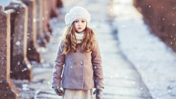 Wallpaper Girl, Cute, Background, Standing, Snow, Little, Cap, Woolen, Coat, Knitted, And, Dress, Fallen, Wearing